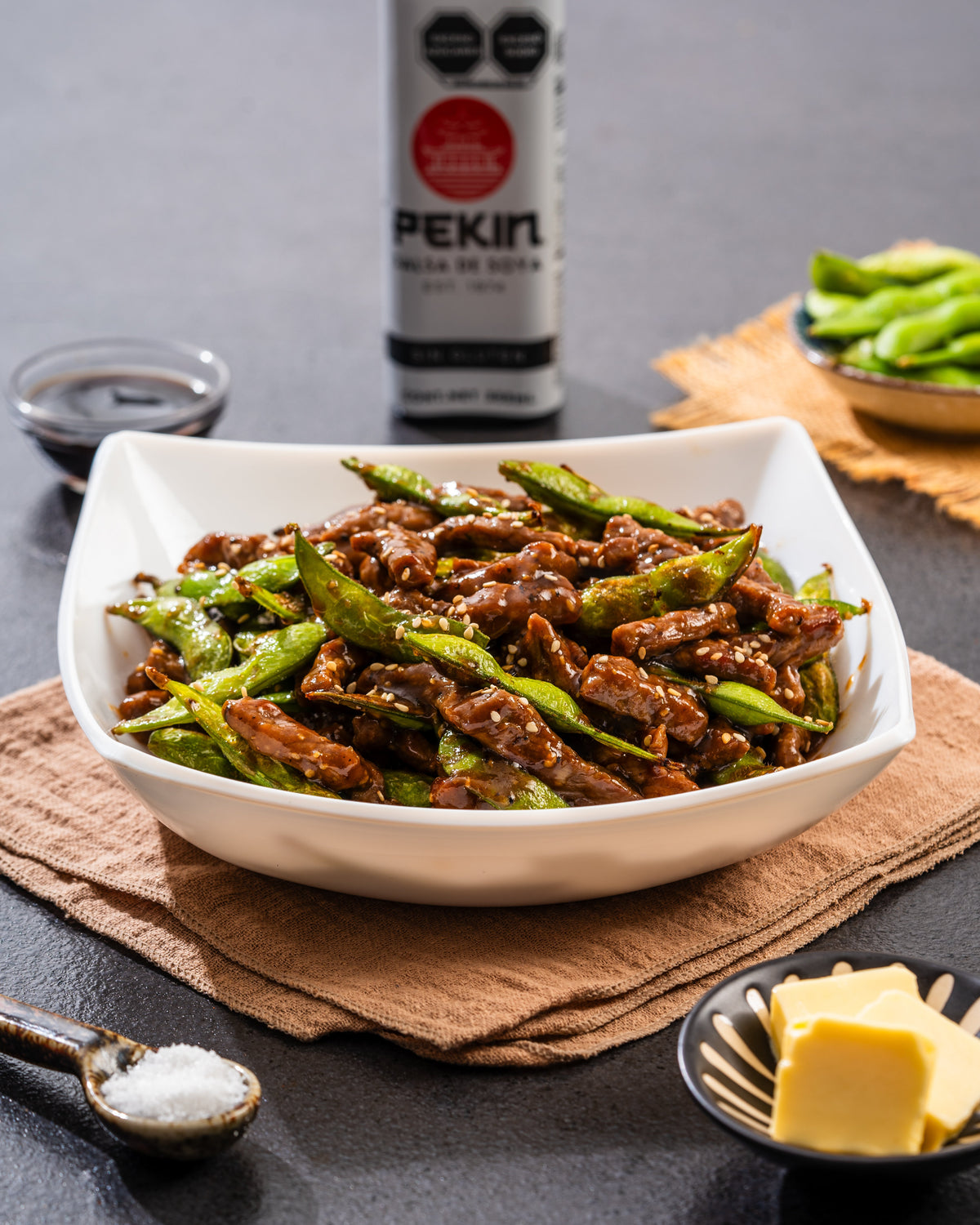 CARNE CON EDAMAMES